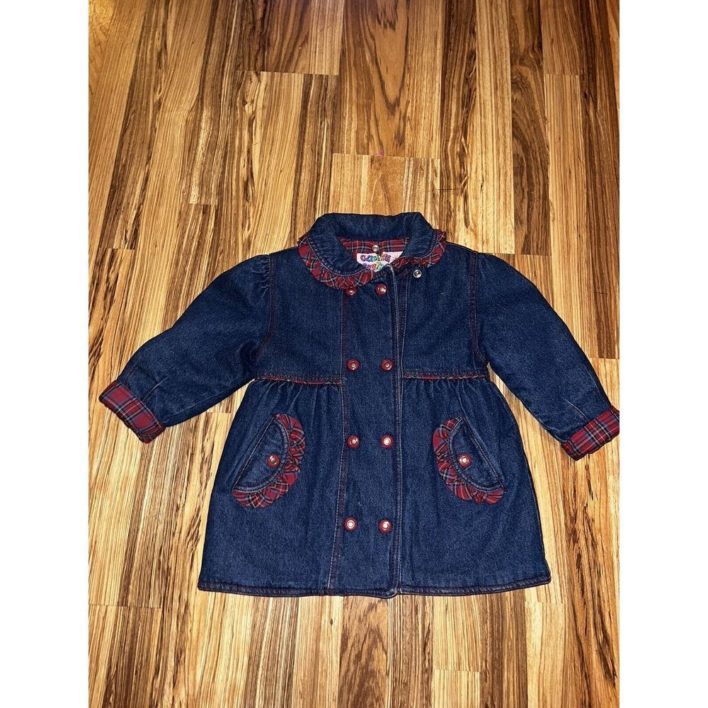 Climate Control VTG Girls Sz 4 Denim Jean Jacket Red Plaid Lined Missing Hood